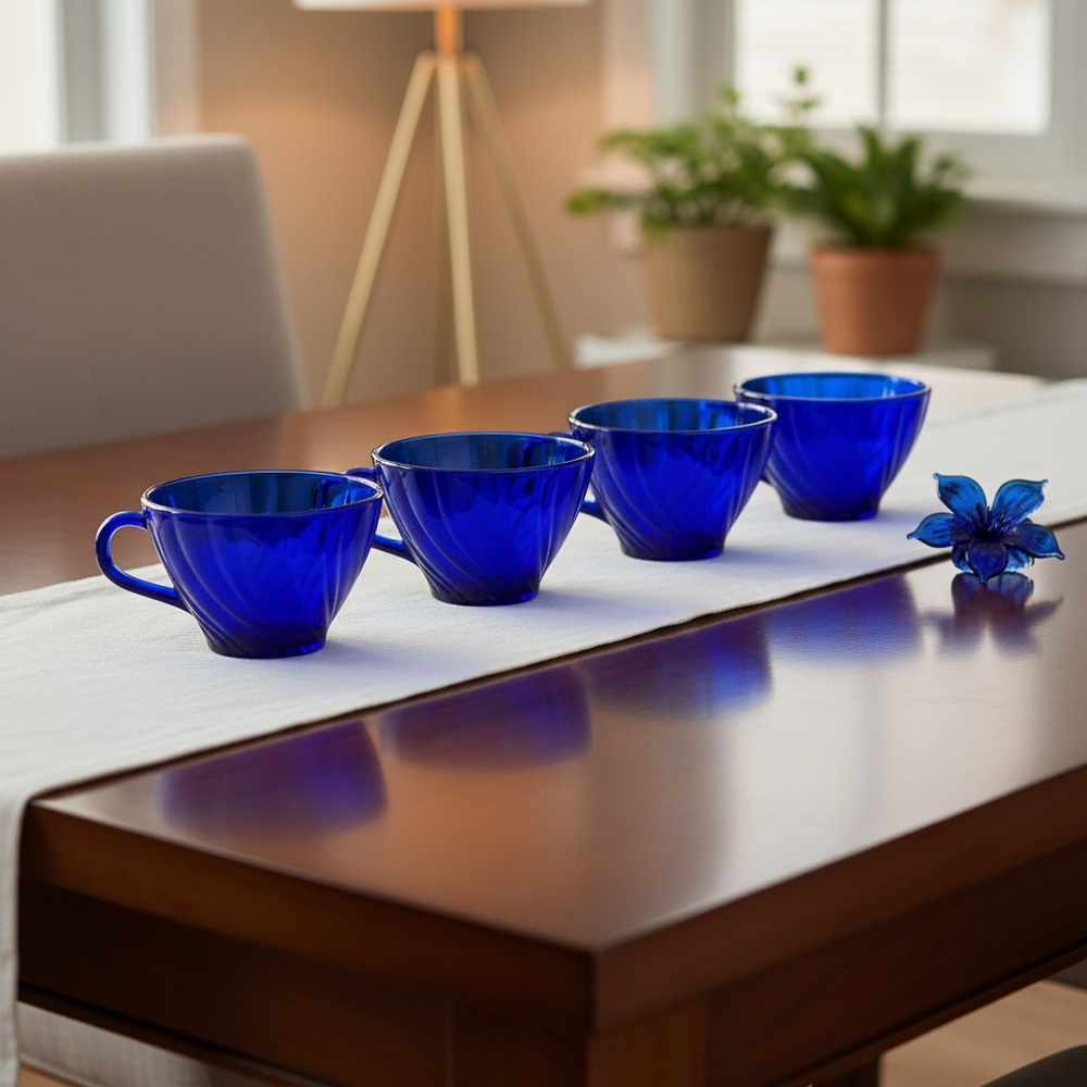 Duralex Vereco France Lot Of 4 Swirl Pattern Cobalt Tea Cups.